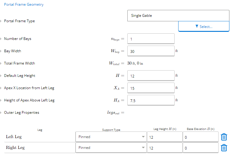 Key properties input in ClearCalcs portal frame analysis wizard