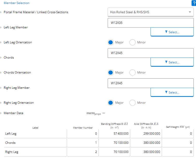 Member selection for steel, cold-formed steel and timber in ClearCalcs portal frames analysis wizard
