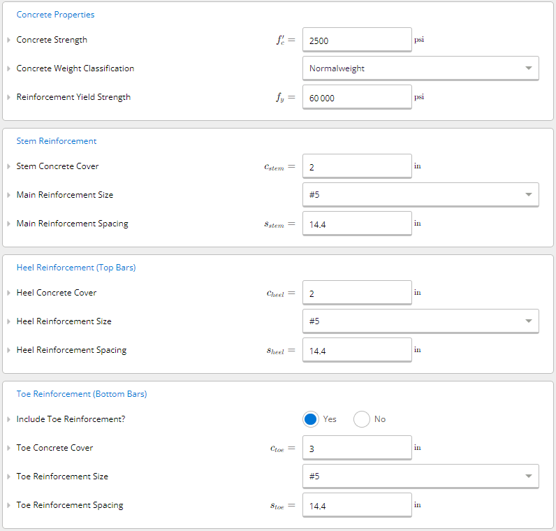 Concrete properties input in ClearCalcs cantilever retaining wall
