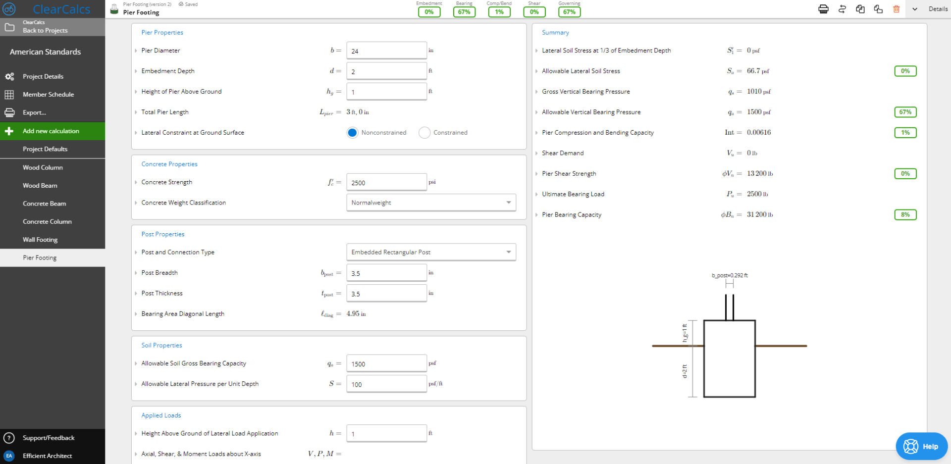 An image showing pier, concrete, and post properties input for Pier Footing Calculator to ACI 318-19