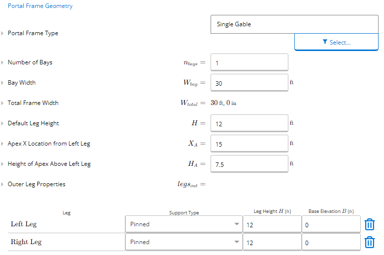 Portal frames geometry input in ClearCalcs Portal Frame Analysis Wizard
